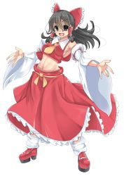 Rule 34 | 1girl, :d, black eyes, black hair, bow, breasts, commentary request, cookie (touhou), crop top, detached sleeves, empty eyes, frilled bow, frilled hair tubes, frilled skirt, frills, full body, hair between eyes, hair bow, hair tubes, hakurei reimu, highres, hyper muteki (ningen no kuzu), long hair, long skirt, looking at viewer, medium breasts, midriff, navel, necktie, noel (cookie), open mouth, outstretched arms, platform footwear, red bow, red footwear, red shirt, red skirt, shirt, shoes, sideboob, simple background, skirt, sleeveless, sleeveless shirt, smile, socks, solo, standing, touhou, transparent background, white sleeves, white socks, yellow necktie