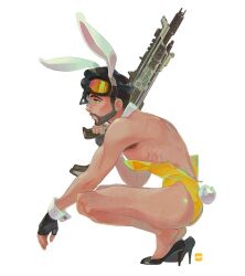 Rule 34 | 1boy, animal ears, apex legends, black footwear, black gloves, black hair, commentary, crossdressing, english commentary, facial hair, fake animal ears, fake tail, fingerless gloves, gloves, goatee, goggles, goggles on head, hair behind ear, high heels, joong beak, leotard, male focus, mirage (apex legends), r-301 carbine, rabbit ears, rabbit tail, simple background, solo, tail, white background, yellow leotard