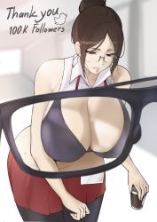 Rule 34 | 1girl, absurdres, bare shoulders, black pantyhose, blurry, blurry background, bra, breasts, brown eyes, brown hair, center frills, cleavage, collared shirt, cup, disposable cup, frills, glasses, hair bun, highres, huge breasts, id card, lanyard, looking down, mature female, miniskirt, namhorm (puzenketsu), original, pantyhose, parted bangs, parted lips, purple bra, puzenketsu, red skirt, shirt, single hair bun, skirt, sleeveless, sleeveless shirt, teacher, thank you, underwear, white shirt, x-ray, x-ray glasses, x-ray vision