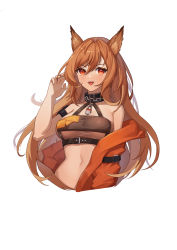 Rule 34 | 1girl, 22 (dbq), :d, absurdres, animal ears, arknights, bare shoulders, breasts, brown hair, ceobe (arknights), ceobe (summer flowers) (arknights), commentary request, dog ears, hair between eyes, hand up, highres, jacket, large breasts, long hair, looking at viewer, navel, off shoulder, open mouth, orange eyes, orange jacket, simple background, smile, solo, stomach, white background