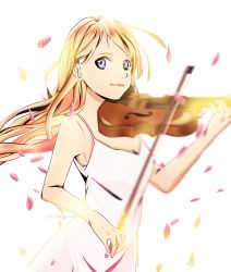 Rule 34 | 1girl, blonde hair, bow (music), breasts, cleavage, dress, floating hair, grey eyes, holding, holding instrument, holding violin, instrument, long hair, looking at viewer, medium breasts, miyazono kawori, music, petals, playing instrument, shigatsu wa kimi no uso, simple background, sleeveless, sleeveless dress, solo, standing, upper body, violin, white background, white dress