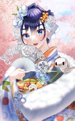Rule 34 | 1girl, blue eyes, blue hair, blue nails, boros (ouro kronii), commentary request, floral background, floral print, flower, fur trim, gears, hair between eyes, hair flower, hair ornament, hand fan, hand up, highres, holding, hololive, hololive english, japanese clothes, kimono, long sleeves, looking at viewer, m0 0m c, multicolored eyes, nail polish, new year, official alternate costume, open mouth, ouro kronii, ouro kronii (new year), rope, rose, short hair, sidelocks, solo, teeth, upper body, upper teeth only, user vfpg3584, virtual youtuber, white flower, white rose, wide sleeves
