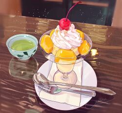 Rule 34 | chair, cherry, food, food focus, fork, fruit, highres, indoors, miri illust, napkin, no humans, original, saucer, spoon, table, whipped cream, wooden table