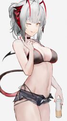 Rule 34 | 1girl, ahoge, antenna hair, arknights, bikini, bikini under clothes, black bikini, blue shorts, breasts, can, cowboy shot, demon girl, demon horns, gnai, grey hair, hand up, highres, holding, holding can, horns, medium breasts, micro shorts, red nails, short hair, shorts, simple background, solo, swimsuit, thighs, v, w (arknights), white background, yellow eyes