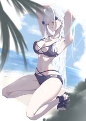 1girl absurdres armpits arms_behind_head arms_up beach bikini blush breasts cleavage facial_mark girls&#039;_frontline green_eyes grey_hair groin_tendon hair_ornament highres hk416_(girls&#039;_frontline) large_breasts long_hair looking_at_viewer solo swimsuit tattoo teardrop teardrop_tattoo weisskaeppchen