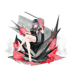 Rule 34 | 1girl, absurdres, azur lane, bare legs, barefoot, black coat, black headwear, breasts, buttons, coat, commentary request, crossed legs, double-breasted, full body, gloves, grey hair, half gloves, highres, large breasts, long hair, looking at viewer, open mouth, pamiat merkuria (azur lane), pamiat merkuria (meta) (azur lane), red eyes, sideboob, simple background, sitting, smile, solo, suo bu ye feng, very long hair, white background, white gloves
