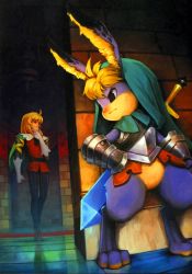 Rule 34 | 1girl, ahoge, animal ears, arm at side, armor, black eyes, blonde hair, bottomless, breastplate, brick wall, cape, closed mouth, cornelius (odin sphere), dual persona, dutch angle, furry, furry male, gauntlets, gloves, hand on own hip, hand on own chin, hiding, highres, hood, kamitani george, light frown, looking away, odin sphere, official art, pants, pooka (odin sphere), rabbit, rabbit ears, shaded face, smile, standing, striped, stroking own chin, sweat, swimsuit, sword, tile floor, tiles, vanillaware, vertical stripes, waiting, walking, wall, weapon, weapon on back