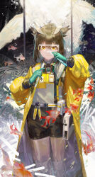 Rule 34 | 1girl, abstract background, absurdres, arknights, belt, black background, black shorts, brown hair, brown pantyhose, chinese commentary, coat, commentary, commentary request, daylightallure, english commentary, feather hair, feet out of frame, fern, fish, gloves, goggles, green gloves, hands up, highres, holding, holding test tube, id card, koi, looking at viewer, mixed-language commentary, owl ears, owl girl, pantyhose, pantyhose under shorts, plant, pouch, rhine lab logo, shirt, short hair, shorts, silence (arknights), silence (lacquer) (arknights), smile, solo, test tube, whale, white shirt, yellow coat, yellow eyes