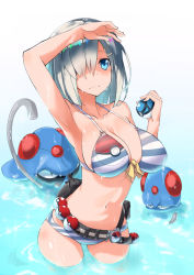 Rule 34 | 10s, 1girl, arm up, armpits, bare shoulders, belt, bikini, blue eyes, breasts, creatures (company), crossover, dripping, evolutionary line, game freak, gen 1 pokemon, hair ornament, hair over one eye, hairclip, hamakaze (kancolle), holding, holding poke ball, kantai collection, large breasts, looking at viewer, navel, net ball, nintendo, poke ball, poke ball print, pokemon, pokemon (creature), short hair, silver hair, standing, striped bikini, striped clothes, swimsuit, tentacles, tentacool, tentacruel, wading, wet, yuuzuki (re&#039;ef)