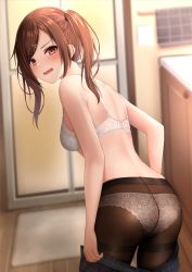 Rule 34 | 1girl, ass, bad id, bad pixiv id, bare arms, bare shoulders, black skirt, blurry, bra, breasts, brown eyes, brown hair, brown pantyhose, cowboy shot, depth of field, duplicate, fang, from behind, frown, hair ornament, hairclip, highres, lace, lace-trimmed panties, lace trim, leaning forward, long hair, looking back, monaka curl, open mouth, original, panties, panties under pantyhose, pantyhose, plaid, plaid skirt, revision, sidelocks, skirt, small breasts, solo, standing, thighband pantyhose, twintails, underwear, undressing, v-shaped eyebrows, wavy mouth, white bra, white panties