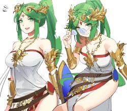 Rule 34 | 1girl, alternate hairstyle, ancient greek clothes, armlet, bare shoulders, belt, blush, breasts, chiton, circlet, cleavage, coke-bottle glasses, collarbone, commentary, dress, english commentary, forehead jewel, glasses, gold, green eyes, green hair, jewelry, kid icarus, kid icarus uprising, large breasts, laurel crown, long hair, looking at viewer, multiple belts, necklace, nintendo, open mouth, ormille, palutena, parted bangs, pendant, ponytail, side slit, smile, solo, strapless, strapless dress, thighhighs, tiara, vambraces, very long hair, white dress