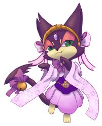 Rule 34 | animal focus, bell, caesar (4chan), clothed pokemon, creatures (company), full body, furry, game freak, gem, gen 5 pokemon, green eyes, half-closed eyes, headband, japanese clothes, jingle bell, looking at viewer, nintendo, pink skirt, pokemon, pokemon (creature), purrloin, skirt, solo, standing, standing on one leg, transparent background, wide sleeves