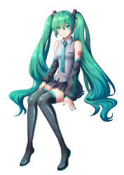 Rule 34 | 1girl, absurdres, aqua eyes, aqua hair, aqua nails, aqua necktie, bare shoulders, black footwear, black skirt, boots, breasts, detached sleeves, full body, grey shirt, hair between eyes, hatsune miku, highres, invisible chair, long hair, long sleeves, looking at viewer, miniskirt, nail polish, necktie, pleated skirt, shirt, shoulder tattoo, simple background, sitting, skirt, sleeveless, sleeveless shirt, small breasts, smile, solo, tattoo, thigh boots, thighhighs, thighs, twintails, very long hair, vocaloid, white background, ynotl, zettai ryouiki
