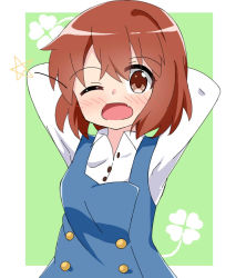 Rule 34 | 1girl, arms behind head, arms up, blue dress, blush, breasts, brown eyes, brown hair, clover, collared shirt, commentary request, dress, dress shirt, four-leaf clover, green background, hair between eyes, inokuma youko, kapuru 0410, kin-iro mosaic, long sleeves, looking at viewer, shirt, sleeveless, sleeveless dress, small breasts, solo, star (symbol), two-tone background, white background, white shirt