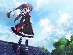 Rule 34 | 1girl, black eyes, black hair, clothes, game cg, goth-loli, hime to majin to koi suru tamashii (game), roof, rooftop, standing, twintails
