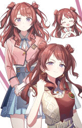 1girl ^_^ absurdres blazer blue_ribbon blue_skirt blush brown_hair clenched_hand closed_eyes commentary cropped_jacket double_bun earrings gakuen_idolmaster hair_bun hajime_(idolmaster) hanami_saki hatsuboshi_gakuen_school_uniform heart heart_earrings highres idolmaster jacket jewelry kiyakyuu long_hair looking_at_viewer multiple_views neck_ribbon overskirt own_hands_together pleated_skirt ribbon school_uniform shirt skirt smile two_side_up white_shirt