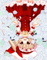 Rule 34 | 1girl, blouse, bow, bowtie, cowboy shot, female focus, flandre scarlet, flower, from above, futaba miwa, green flower, hat, highres, lying, mob cap, plant, red eyes, ribbon, rose, shirt, short hair with long locks, solo, touhou, white shirt, yellow bow, yellow bowtie