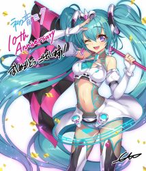 Rule 34 | 1girl, bare shoulders, breasts, checkered flag, collarbone, confetti, elbow gloves, fingerless gloves, flag, gloves, green hair, hair ornament, hatsune miku, highres, holding, long hair, looking at viewer, medium breasts, navel, one eye closed, open mouth, purple eyes, senri gan, signature, simple background, smile, solo, standing, thighhighs, twintails, very long hair, vocaloid, white background