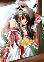 Rule 34 | 1girl, anger vein, angry, bare shoulders, black hair, bow, brown hair, detached sleeves, female focus, from below, fume, hair bow, hakurei reimu, japanese clothes, large bow, long hair, midriff, miko, nozomi tsubame, open mouth, red eyes, ribbon, solo, squiggle, sunlight, touhou