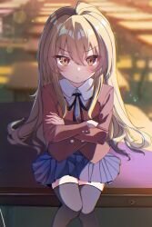 Rule 34 | 1girl, aisaka taiga, black ribbon, black thighhighs, blue skirt, blurry, blurry background, blush, brown hair, buttoned cuffs, buttons, collared shirt, commentary request, crossed arms, desk, double-breasted, hair between eyes, highres, jacket, long hair, long sleeves, looking at viewer, neck ribbon, on desk, oohashi high school uniform, paru 364364, pleated skirt, red jacket, ribbon, school desk, school uniform, shirt, sitting, skirt, solo, thighhighs, toradora!, white shirt, zettai ryouiki