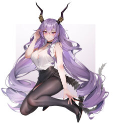 1girl absurdly_long_hair absurdres adjusting_hair arknights black_footwear black_pantyhose black_skirt blush border breasts chinese_commentary choker cleavage commentary_request grey_background hand_up high_heels highres horns large_breasts long_hair looking_at_viewer pantyhose pencil_skirt purple_eyes purple_hair shirt sideboob simple_background skirt sleeveless sleeveless_shirt solo tail typhon_(arknights) very_long_hair white_background white_shirt xnnagu