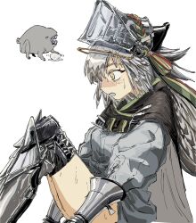 Rule 34 | 1girl, arknights, blush, boots, bright pupils, cape, creature, egg, fartooth (arknights), gauntlets, grey hair, headgear, highres, long hair, long sleeves, open mouth, orrdriver, shirt, sitting, solo, sweat, sweatdrop, white pupils, white shirt, yellow eyes