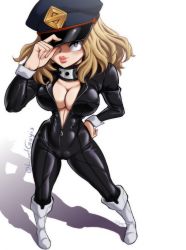 Rule 34 | 1girl, artist name, blonde hair, bodysuit, boku no hero academia, boots, breasts, center opening, choker, cleavage, curvy, foreshortening, from above, full body, hand on own hip, hat, hat tip, knee boots, kneehighs, large breasts, latex, lipstick, long hair, looking at viewer, looking up, lord guyis, makeup, one eye covered, parted lips, resized, signature, socks, solo, unzipped, utsushimi kemii, wide hips, yellow eyes