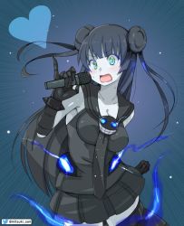 Rule 34 | &gt;:o, 10s, 1girl, :o, abyssal ship, bad id, bad twitter id, black hair, black serafuku, black skirt, blue background, blush, breasts, cleavage, colored skin, commentary request, double bun, glowing, green eyes, heart, kantai collection, large breasts, light cruiser oni, microphone, mitsuki (pagula), pinky out, sailor collar, school uniform, serafuku, skirt, solo, twitter username, v-shaped eyebrows, white skin