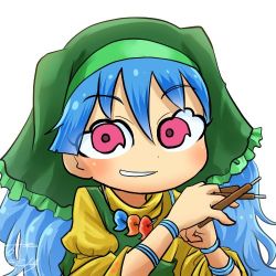 Rule 34 | 1girl, apron, profile picture, between fingers, blue hair, bracer, chamaji, chisel, commentary, dress, green apron, green hood, hair between eyes, haniyasushin keiki, head scarf, holding, jewelry, long hair, looking at viewer, lowres, magatama, magatama necklace, necklace, red eyes, signature, smock, solo, tools, touhou, upper body, white background, wood carving tool, yellow dress