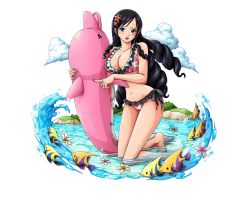 Rule 34 | 1girl, baby 5, barefoot, bikini, black eyes, black hair, blush, bodskih, breasts, cleavage, cloud, collarbone, dolphin, drill hair, fish, floating hair, frilled bikini, frills, full body, holding, index finger raised, kneeling, large breasts, long hair, looking at viewer, one piece, one piece treasure cruise, parted lips, side-tie bikini bottom, solo, starfish hair ornament, sweatdrop, swimsuit, transparent background, very long hair, water