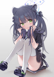 Rule 34 | 1girl, absurdres, animal ear fluff, animal ears, black dress, black footwear, black hair, blue archive, blush, bow, closed mouth, commentary request, dress, gradient background, green bow, green eyes, grey background, hair between eyes, halo, highres, holding, holding hair, knees up, long hair, looking at viewer, panties, pelvic curtain, shoes, short sleeves, shun (blue archive), shun (small) (blue archive), sitting, solo, sota, thighhighs, twintails, underwear, very long hair, white background, white panties, white thighhighs
