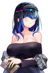 Rule 34 | 1girl, black hair, blue eyes, book, breasts, hair between eyes, hair over eyes, hairband, highres, holding, holding book, idolmaster, idolmaster cinderella girls, large breasts, long bangs, long hair, looking away, off-shoulder sweater, off shoulder, parted lips, ribbed sweater, sagisawa fumika, shawl, simple background, solo, sweater, tatsuhi226, upper body, white background