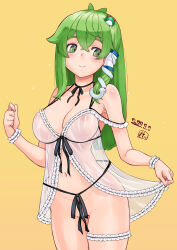 Rule 34 | 1girl, alternate costume, antenna hair, babydoll, black ribbon, blush, body blush, breasts, bridal garter, cleavage, closed mouth, commentary request, convenient censoring, covered erect nipples, cowboy shot, crossed bangs, dated, frilled babydoll, frills, frog hair ornament, green eyes, green hair, hair between eyes, hair ornament, highres, kei jiei, kochiya sanae, large breasts, long hair, looking to the side, navel, nipples, partially visible vulva, ribbon, see-through, sidelocks, simple background, single hair tube, smile, snake hair ornament, solo, touhou, white babydoll, wrist cuffs, yellow background