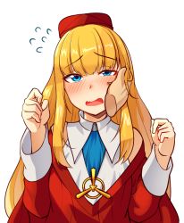 Rule 34 | 1girl, ajidot, biretta, blonde hair, blue eyes, blunt bangs, blush, cardinal armand, disembodied hand, flying sweatdrops, hat, highres, last origin, long hair, open mouth, simple background, solo focus, white background