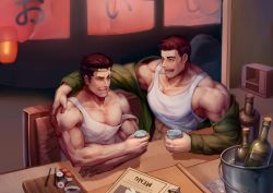 Rule 34 | 2boys, abs, bara, bare pectorals, bare shoulders, book, bottle, brown hair, commission, couple, cup, drunk, facial hair, headband, large pectorals, looking at another, male focus, midriff, multiple boys, muscular, muscular male, my eight, off shoulder, original, pectorals, scar, scar across eye, scar on face, short hair, sidepec, sitting, smile, stomach, stubble, tank top, upper body, white tank top, wine bottle, yaoi