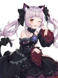 Rule 34 | 1girl, ;d, animal ear fluff, animal ears, bare shoulders, black bow, black dress, black ribbon, blunt bangs, blush, bow, cat ears, cat girl, cat tail, detached sleeves, dress, earrings, frilled dress, frilled ribbon, frills, gothic lolita, hair ribbon, halterneck, highres, hololive, jewelry, lolita fashion, long hair, long sleeves, looking at viewer, murasaki shion, murasaki shion (gothic lolita), official alternate costume, ohihil, one eye closed, open mouth, paw pose, ribbon, side slit, silver hair, simple background, smile, solo, striped, striped bow, tail, tail bow, tail ornament, tail ribbon, virtual youtuber, white background