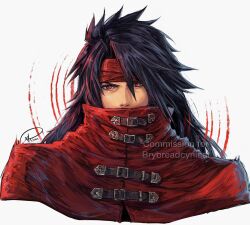 Rule 34 | 1boy, belt buckle, black hair, buckle, coat, commentary, commission, covered mouth, cropped torso, final fantasy, final fantasy vii, final fantasy vii rebirth, final fantasy vii remake, hair between eyes, headband, highres, long hair, looking at viewer, male focus, portrait, red coat, red eyes, red headband, signature, solo, spiked hair, upper body, vincent valentine, watermark, xriviia