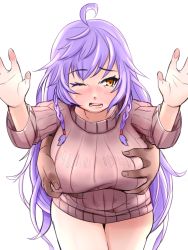 Rule 34 | 10s, 1girl, amidatto, bad id, bad pixiv id, blush, breasts, covered erect nipples, granblue fantasy, groping, highres, large breasts, light purple hair, ribbed sweater, silva (granblue fantasy), solo focus, sweater, yellow eyes