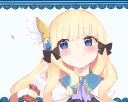 Rule 34 | 1girl, blonde hair, blue eyes, blunt bangs, border, capelet, cloak, eureka 814, lace, lace border, ornate border, pointy ears, princess connect!, saren (princess connect!), simple background, solo, split mouth, white background