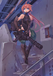 Rule 34 | 1girl, :o, ahoge, bare shoulders, between breasts, blue eyes, bodysuit, boots, breasts, building, cable, ceiling, combat boots, covered navel, cross-laced footwear, debris, elbow gloves, fingerless gloves, full body, gatling gun, gloves, groin, gun, hair between eyes, halterneck, headpiece, headset, highleg, highleg leotard, holding, holding gun, holding weapon, indoors, industrial pipe, knee boots, lace-up boots, leotard, long hair, looking to the side, low ponytail, microphone, mk-5, open mouth, original, ponytail, railing, red hair, short hair, short hair with long locks, solo, stairs, strap, strap between breasts, talking, thighs, turtleneck, very long hair, walking, weapon