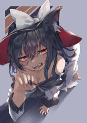 Rule 34 | 1girl, absurdres, all fours, animal ear fluff, animal ears, barefoot, black hair, black hat, bow, breasts, brooch, cleavage, cosplay, crawling, fingernails, hat, hat bow, highres, imaizumi kagerou, imaizumi kagerou (cosplay), jewelry, kemonomimi mode, looking at viewer, muraryo, red eyes, sharp fingernails, sharp teeth, slit pupils, solo, teeth, touhou, usami renko, white bow, wolf ears