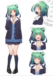 Rule 34 | 1girl, :d, :i, black footwear, black socks, blazer, butterfly necklace, closed eyes, double bun, full body, green hair, grin, hair bun, hair ornament, highres, hololive, jacket, kneehighs, looking at viewer, mikan (chipstar182), multiple views, open clothes, open jacket, open mouth, pigeon-toed, pleated skirt, red eyes, school uniform, shaded face, short hair, simple background, skirt, skull hair ornament, sleeves past wrists, smile, socks, standing, upper body, uruha rushia, v, virtual youtuber, white background