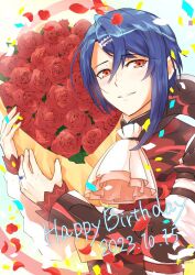 Rule 34 | 1boy, alcryst (fire emblem), ascot, asymmetrical hair, blue hair, bouquet, fire emblem, fire emblem engage, flower, hair between eyes, hair ornament, hairclip, happy birthday, holding, holding bouquet, long sleeves, looking at viewer, nintendo, red eyes, red flower, red rose, rose, short hair, smile, solo, unkmantare, white ascot
