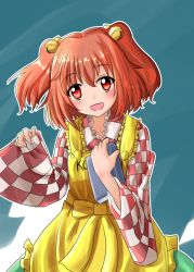 Rule 34 | 1girl, :d, apron, bell, blush, book, character name, checkered clothes, checkered kimono, clothes writing, cowboy shot, hair bell, hair ornament, highres, japanese clothes, jingle bell, kimono, long sleeves, looking at viewer, motoori kosuzu, open mouth, oshiaki, red eyes, red hair, smile, solo, touhou, two side up, wide sleeves