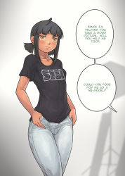 Rule 34 | 1girl, ahoge, black hair, black shirt, blunt bangs, blurry, blurry background, blush, breasts, brown eyes, closed mouth, collarbone, cowboy shot, denim, english text, gloomy (leonzo), highres, khmuro, leonzo, low twintails, medium hair, original, pants, sega, shirt, short sleeves, short twintails, sidelocks, small breasts, solo, speech bubble, t-shirt, tan, thumbs in pockets, twintails, white pants