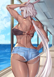 Rule 34 | 1girl, absurdres, ass, back, bare shoulders, bikini, blue eyes, body markings, breasts, butt crack, caenis (fate), dark-skinned female, dark skin, fate/grand order, fate (series), highres, large breasts, long hair, massive kagawa, muscular, muscular female, ponytail, solo, swimsuit, thighs, white hair