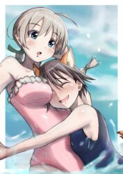 Rule 34 | absurdres, animal ears, bare shoulders, between breasts, blue eyes, breasts, closed eyes, dog ears, dog tail, head between breasts, highres, large breasts, lynette bishop, miyafuji yoshika, one-piece swimsuit, pink one-piece swimsuit, ponytail, smile, strike witches, swimsuit, tail, tama kitsune, water, world witches series, yuri