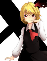 Rule 34 | 1girl, ascot, blonde hair, blouse, bow, cowboy shot, hair bow, hand to own mouth, kameyan, red eyes, rumia, shirt, short hair, skirt, skirt set, smile, solo, touhou, vest