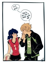 Rule 34 | 1boy, 1girl, 1koma, adrien agreste, blonde hair, blue eyes, blue hair, blush, ceejles, comic, english text, green eyes, gym shorts, hand in pocket, kissing hand, hetero, highres, hand grab, jacket, jersey, kiss, lips, marinette dupain-cheng, miraculous ladybug, parted lips, shorts, signature, twintails