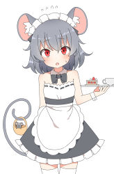 Rule 34 | 1girl, absurdres, alternate costume, animal ears, apron, bare arms, bare shoulders, basket, black dress, black skirt, blush, bow, cowboy shot, dress, enmaided, flying sweatdrops, food, frills, grey hair, highres, holding, holding tray, holding with tail, looking at viewer, maid, maid headdress, mouse ears, mouse tail, nazrin, nihohohi, prehensile tail, red eyes, short hair, skirt, sleeveless, solo, standing, tail, tail bow, tail ornament, thighhighs, touhou, tray, waist apron, white apron, white background, white thighhighs, zettai ryouiki